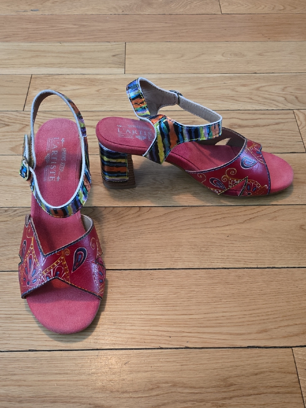 L'ATISTE Red Multicolor Patterned Leather Block Heel Sandals